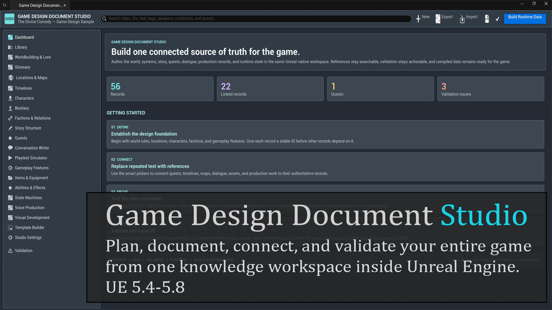 Game Design Document Studio dashboard inside Unreal Engine
