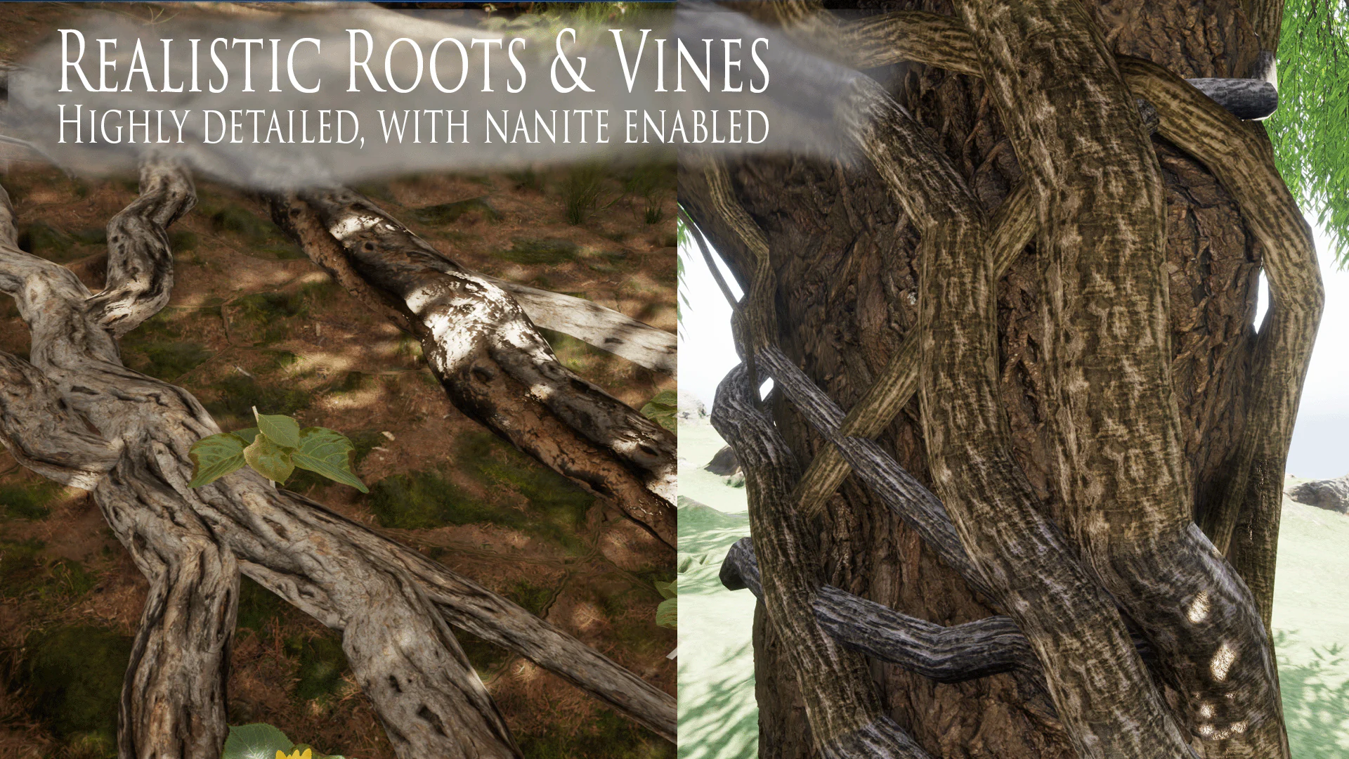 Procedural roots and vines following terrain and wrapping a tree in Unreal Engine
