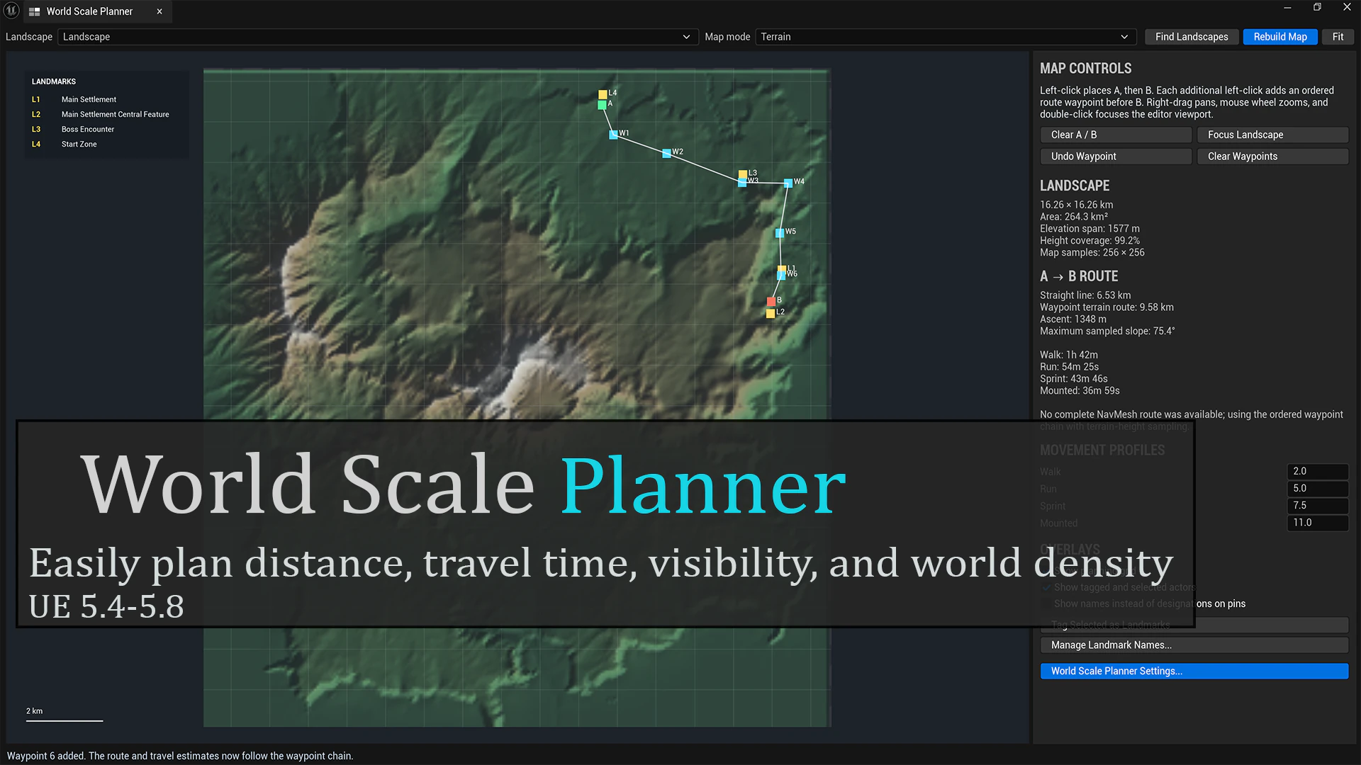 World Scale Planner showing a landscape route and travel-time estimates