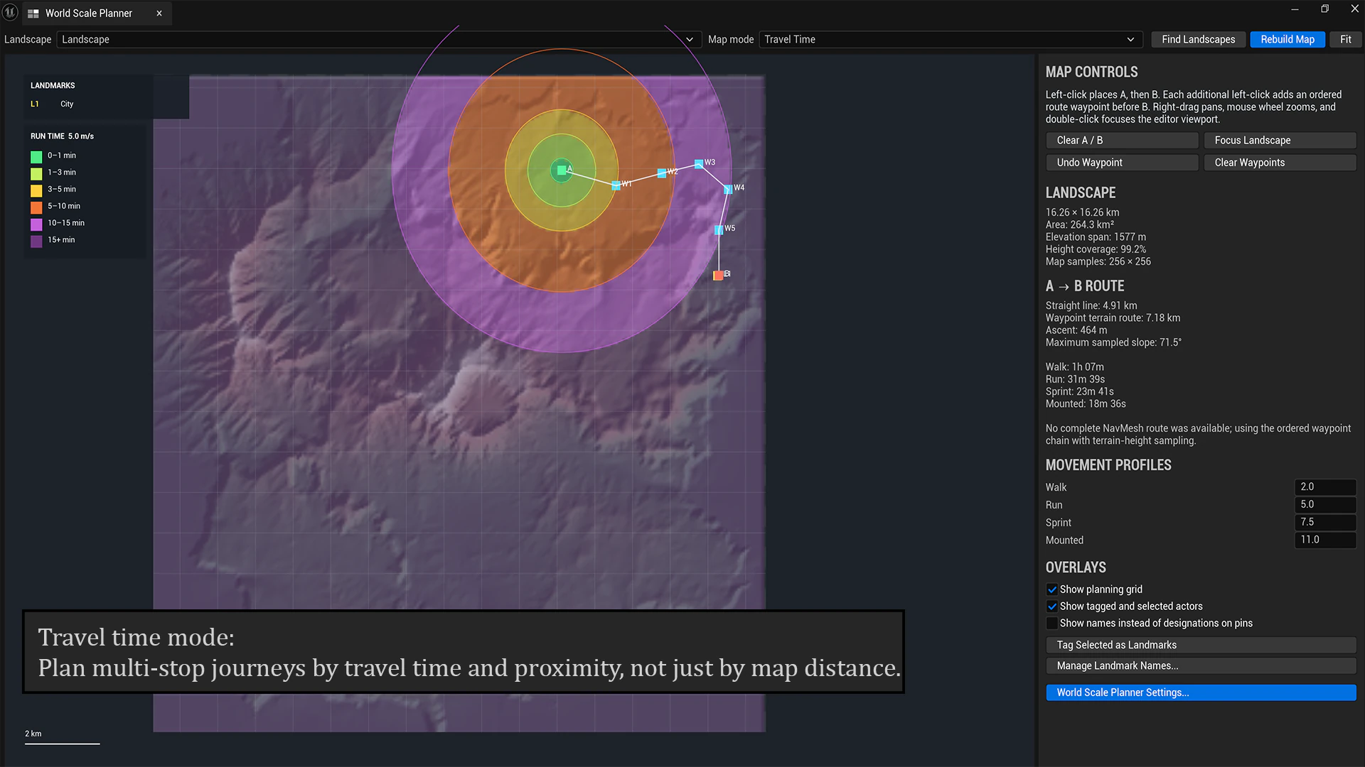 World Scale Planner travel-time visualization over an Unreal landscape