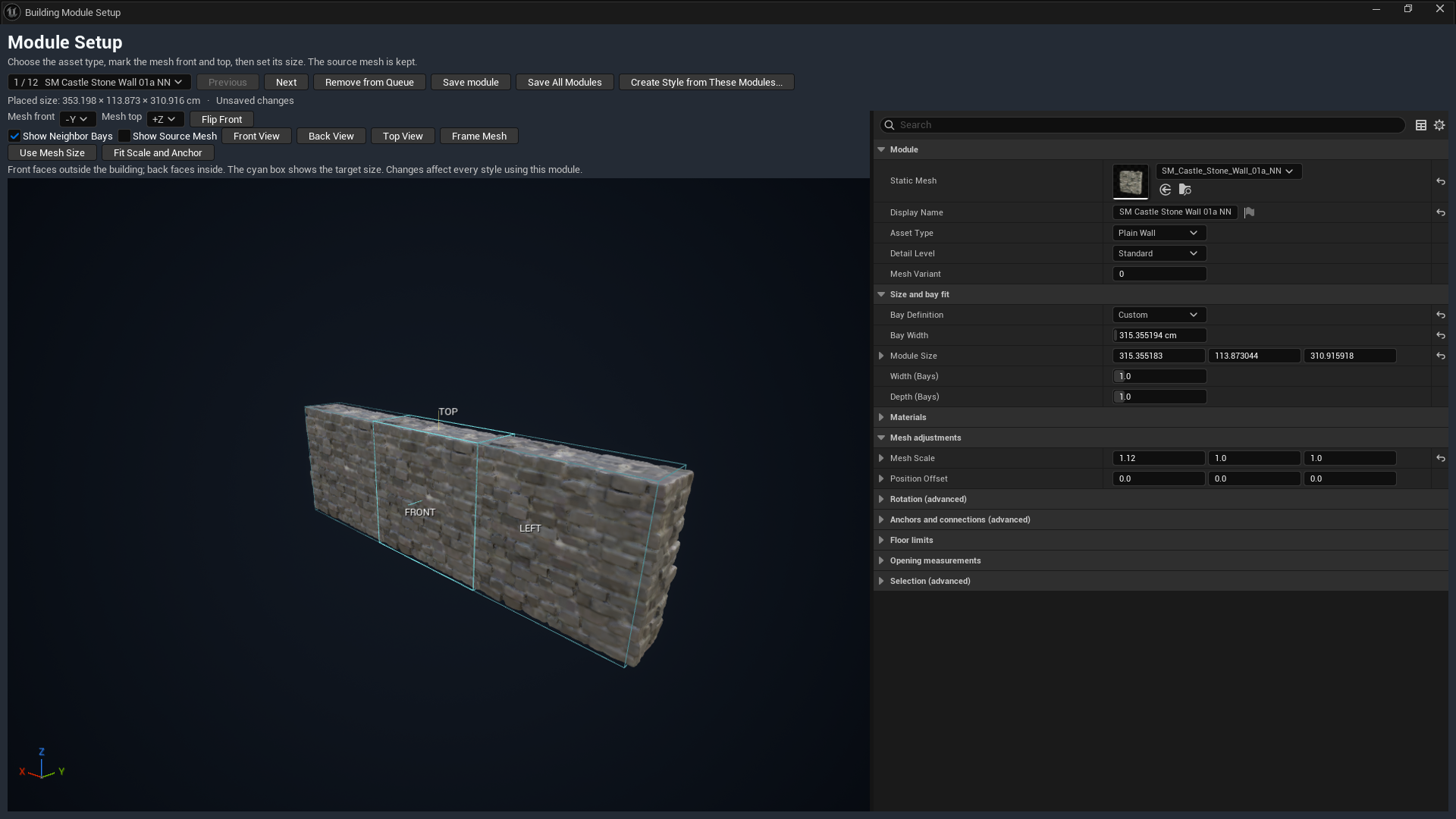 Module Setup showing a stone wall beside neighboring bays, with Mesh Scale and Position Offset controls